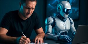 Man concentrating while writing with a futuristic robot assistant using a laptop, symbolising bot betting strategies and human collaboration.