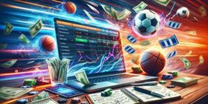 Sports betting market coverage and volume scalability shown with laptop analytics, cash, and betting slips.