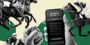 Mobile sports betting app displaying horse racing odds with jockeys in action, representing multi-race exotic bets in Australian racing.