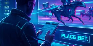 Futuristic betting screen showing horse racing with a bettor placing exotic bets integrated with matched betting strategies in Australia.