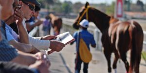 Racegoers studying a form guide at the track, analysing betting mechanics before placing exotic bets.