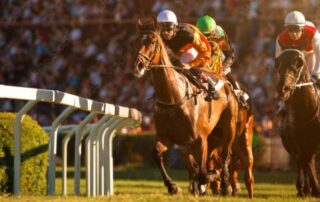 Horse racing action with jockeys leading the field, symbolising the thrill of exotic bet payout opportunities.