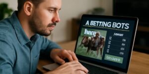 Man using laptop to place wagers with horse racing bots for automated betting.