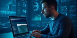 Person analysing sports betting data on a laptop in a digital workspace with multiple screens.