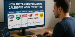 Man reviewing an Australian betting promotional calendar on a computer screen displaying weekly sports promotions including AFL, NRL, horse racing, and racing events.