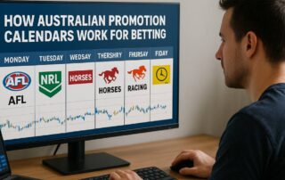 Man reviewing an Australian betting promotional calendar on a computer screen displaying weekly sports promotions including AFL, NRL, horse racing, and racing events.