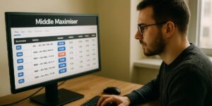 Man analysing betting odds and market comparisons on a Middle Maximiser tool displayed on a computer monitor.