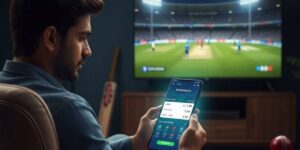 Man reviewing live cricket odds on a smartphone while watching a match on television at home