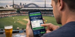 Man placing a live cricket betting wager on a smartphone during a stadium match, highlighting different cricket formats for betting
