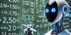 Robot solving mathematical equations on a chalkboard