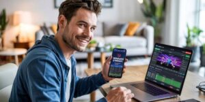 Automated betting bot running on laptop and mobile showing winning streak sports betting dashboard