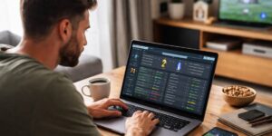Man using a laptop at home to review live football betting odds and sports statistics