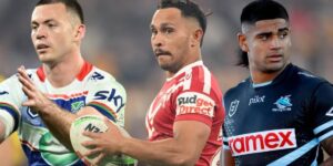 Three professional rugby league players in team kits during a promotional sports montage