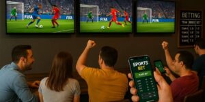 Group of sports fans watching football while placing live bets on a mobile betting app