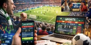 Fan celebrating at a football stadium while viewing live betting promotions on a smartphone and laptop