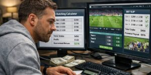 Man reviewing betting stakes and match odds across multiple computer screens