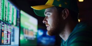 Man analysing live betting data on multiple screens for Dutching strategy
