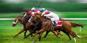 Horses and jockeys racing at full speed on a turf track