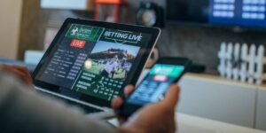 Person using a tablet and phone to follow live sports betting odds at home