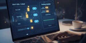 Person using a laptop to review football betting odds and a betting calculator