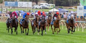 Racing bet types shown through a horse racing field with multiple jockeys competing on a turf track.