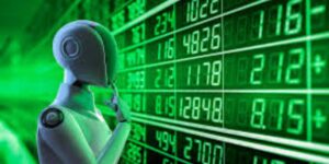 Automated betting concept showing a robot analysing digital odds, betting markets, and data patterns.